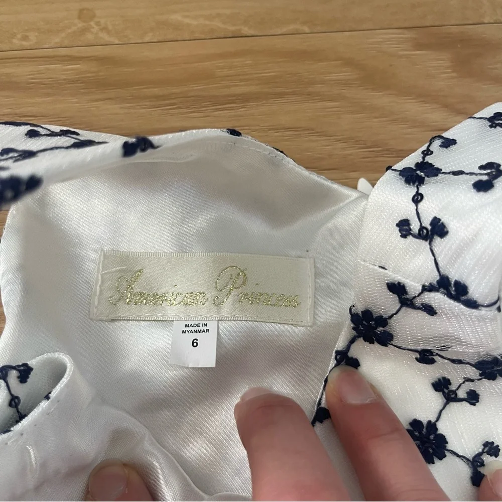 American Princess Girls 3T White with Navy Blue Flowers Dress.